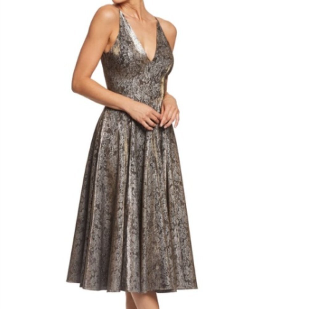 Dress The Population Delilah Plunging Midi Dress in Gold & Black sz XS‎
